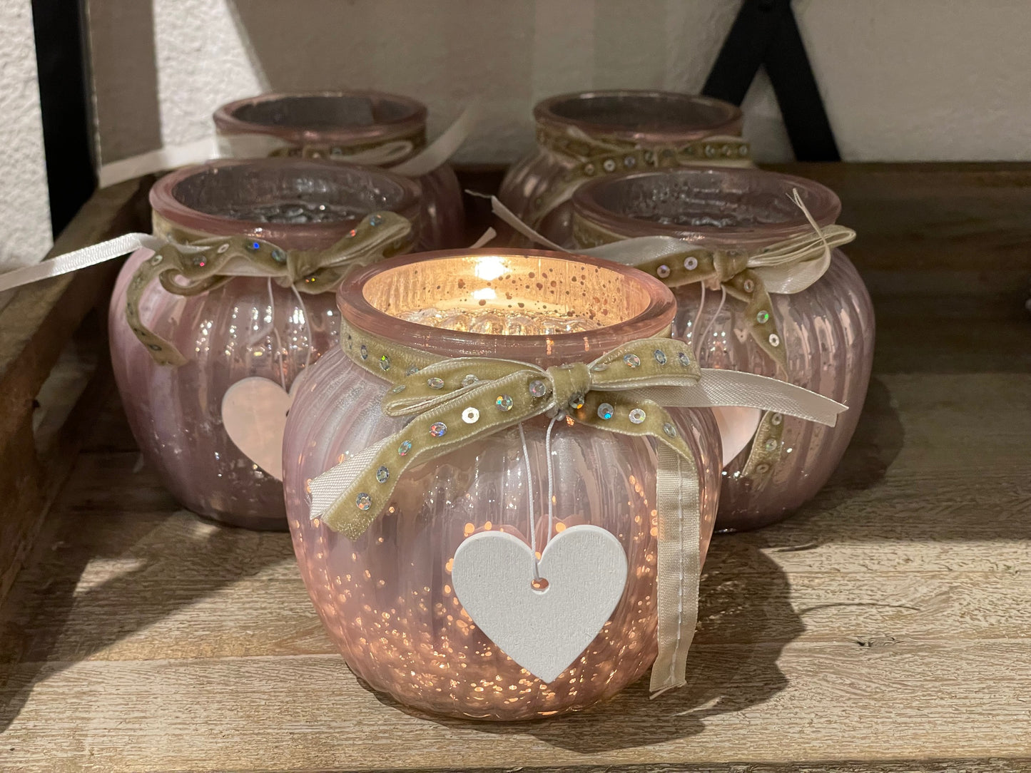 Windlicht rosa m Holzherz & Verzierung, Voss