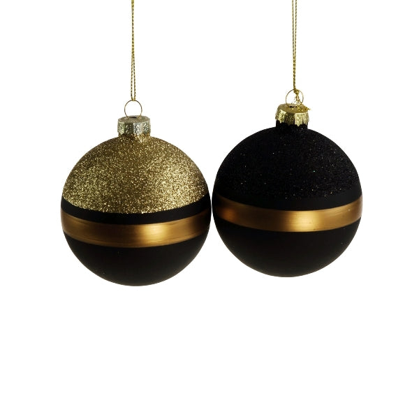 Weihnachtskugeln 2-er Set, gold-schwarz Streifen matt-glanz – Amelie's GmbH