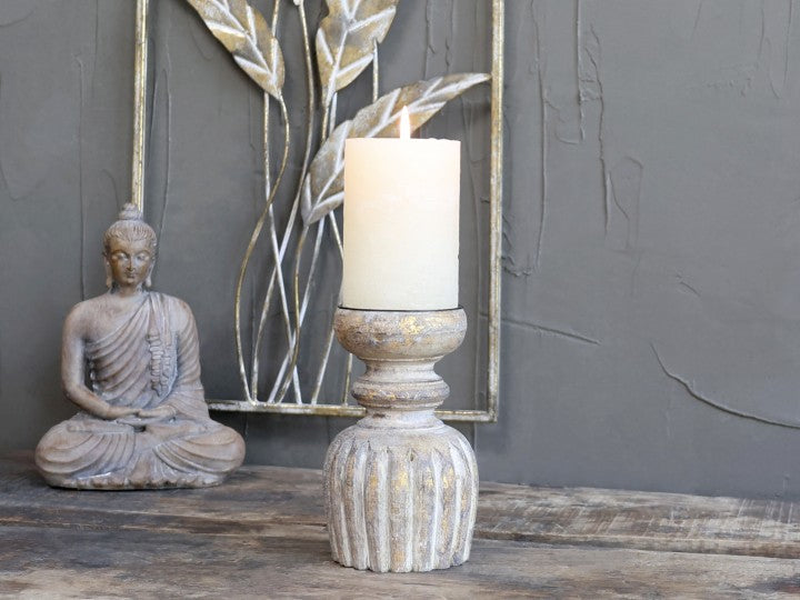 Kerzenständer m Rillen Mangoholz, Chic Antique