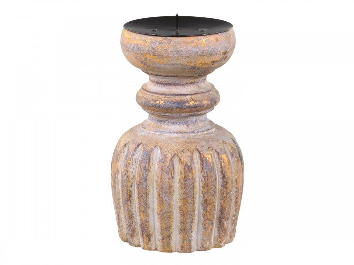 Kerzenständer m Rillen Mangoholz, Chic Antique