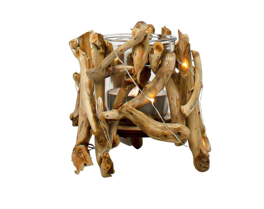Windlicht aus Treibholz mit Glas und LED-Lichter, 14 cm