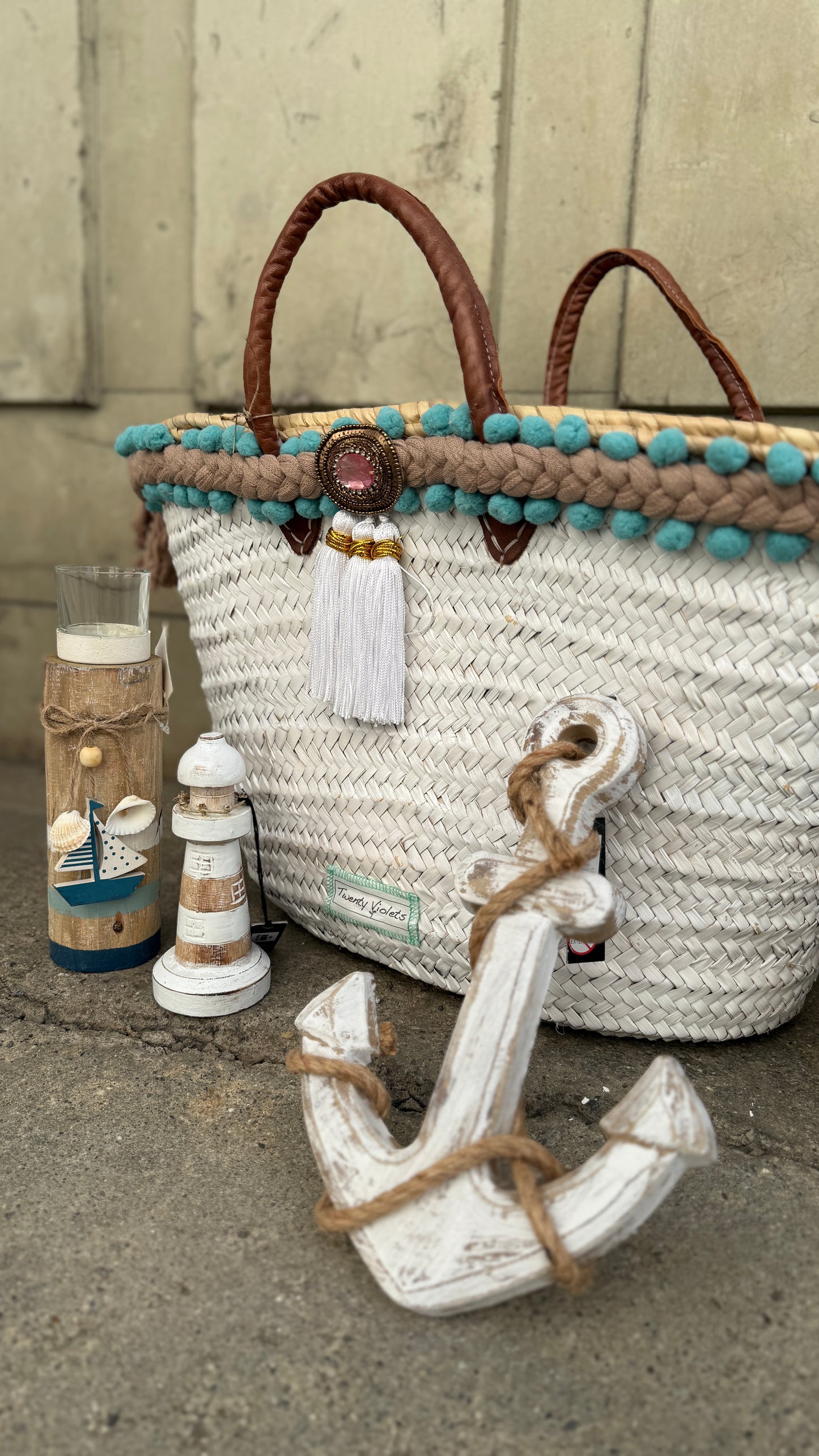 Strandtasche Maxi 60 cm, weiss, türkis Bällchen, Twenty Viol