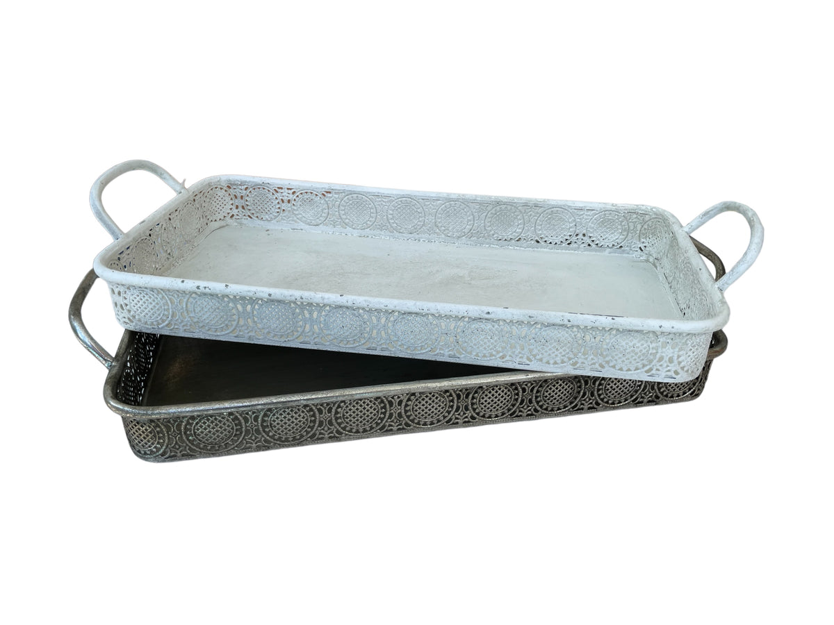 Tablett mit Griffen, weiss / silber, gross, rechteckig, 46x24 cm