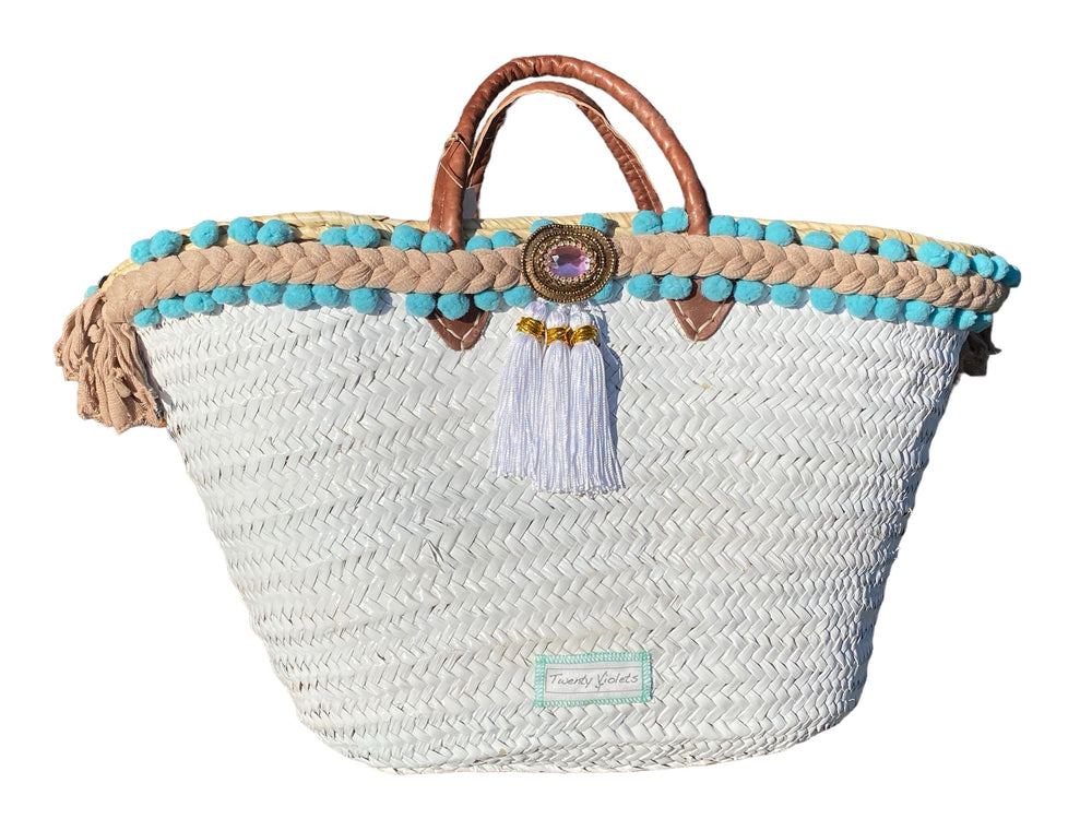 Strandtasche Maxi 60 cm, weiss, türkis Bällchen, Twenty Viol