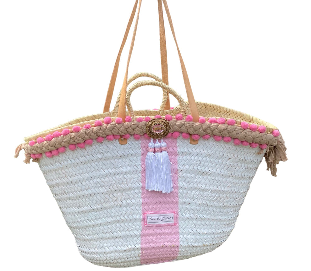 Strandtasche Agaró 53 cm, weiss-rosa, rosa Böllchen, Twenty