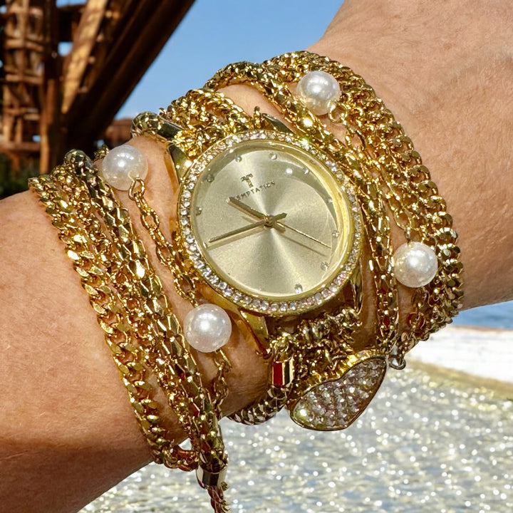 Wickelarmband-Uhr, gold mit Perlen & Herz